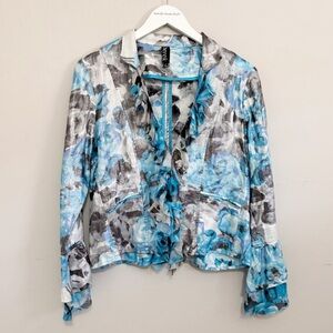 BEREK Women’s Blue Black Print Ruffle Front Embellished Blazer French Seams Sz S